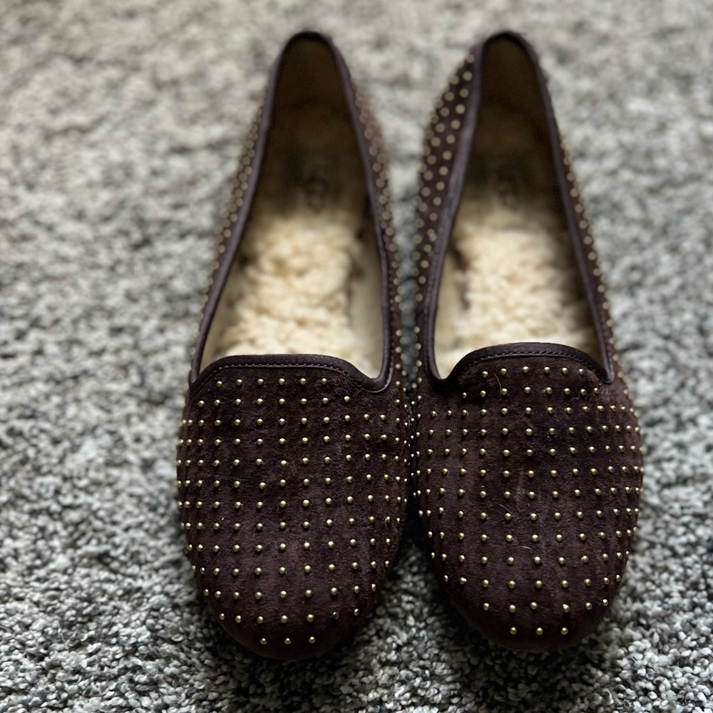 UGG Australia Alloway studded flats in brown suede with a sheepskin lining.